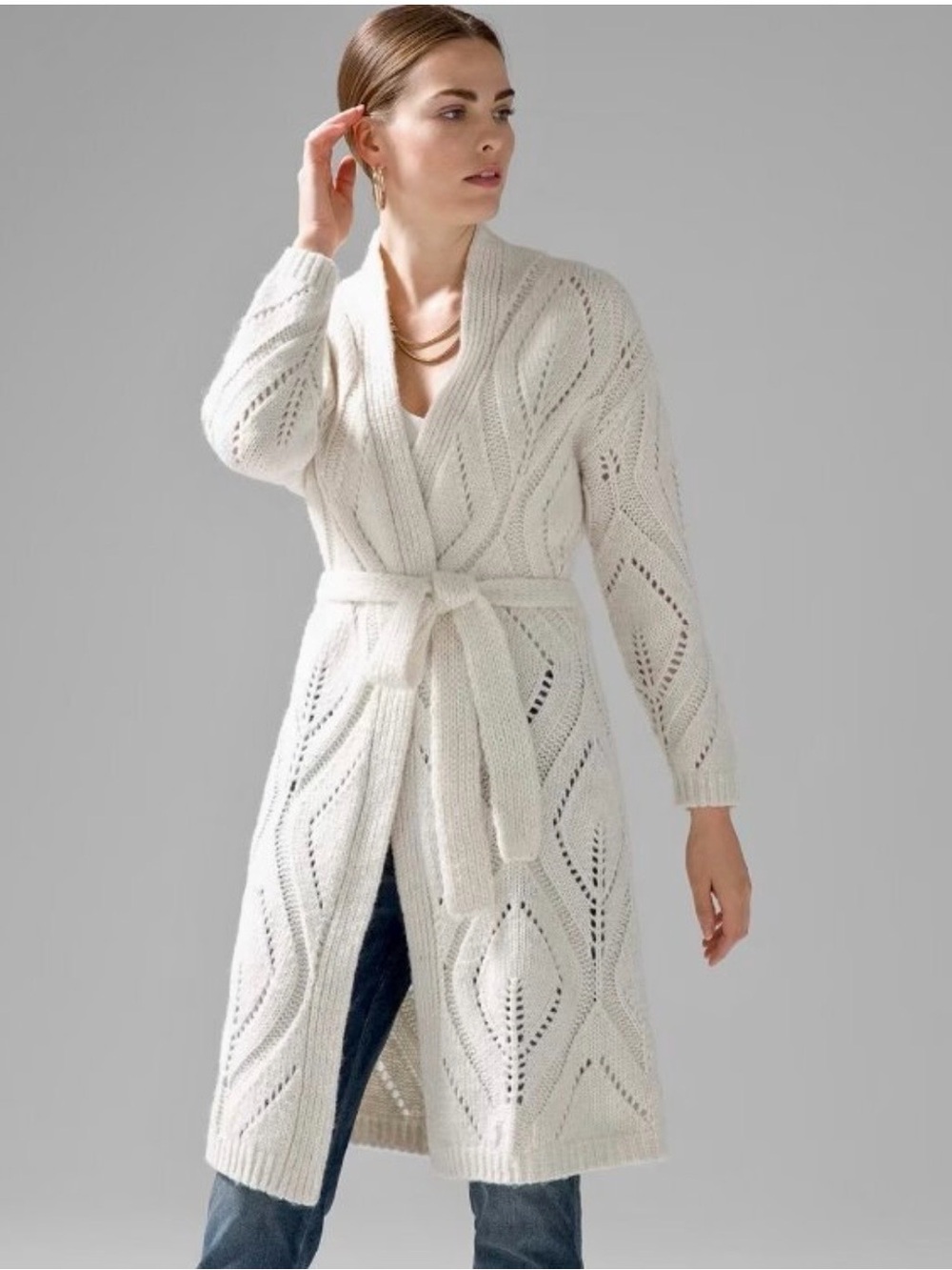WHBM cream leaf print pointelle long cardigan